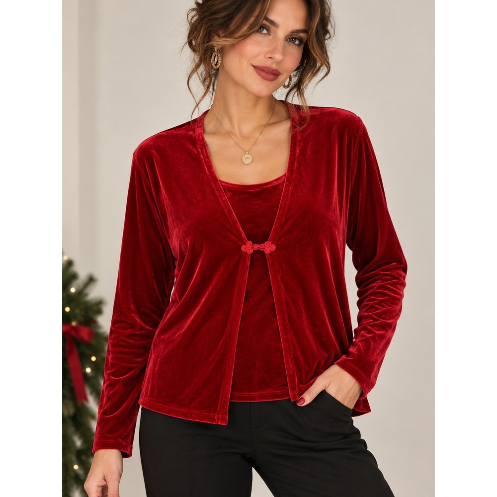Kathie Lee Red Velour Cardigan Top Large Holiday Velvet Layered Preppy Festive